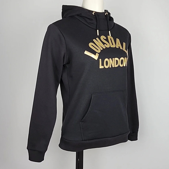 ⭐️3/ $30⭐️ Lonsdale Women's Black Pullover Hoodie Top Fleece Gold Print Size 4 - Picture 3 of 15